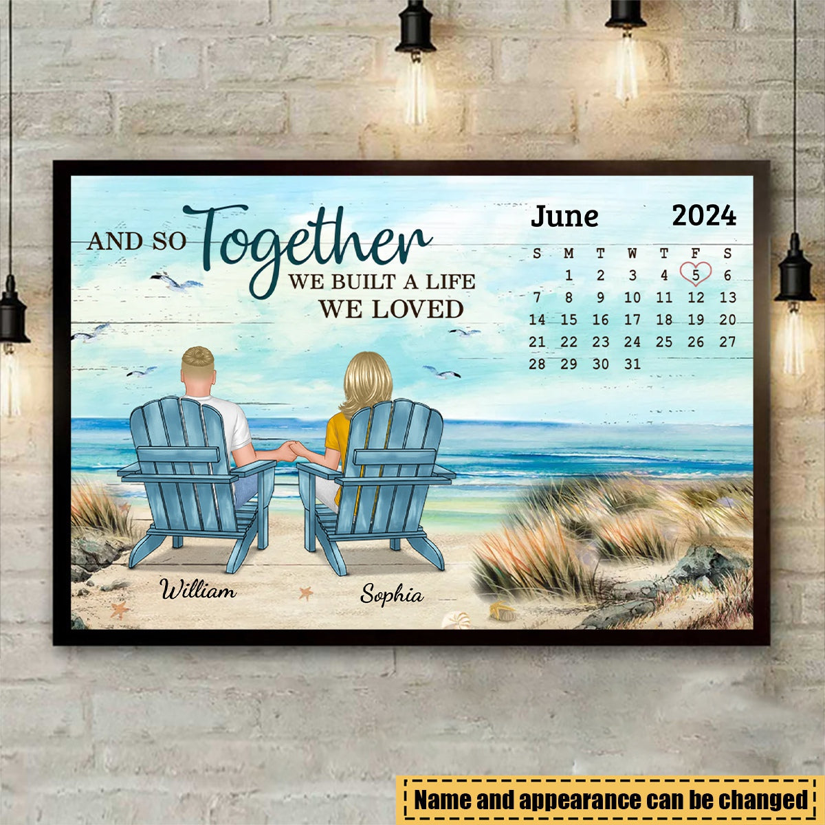 Anniversary Date Back View Couple Sitting Beach Landscape Gift For Him For Her Personalized Horizontal Poster