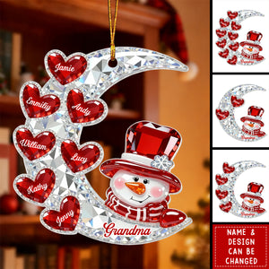 3D Crystal Effect Snowman Grandma On Moon Grandkids Hearts Names - Personalized Acrylic Ornament