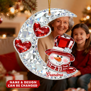 3D Crystal Effect Snowman Grandma On Moon Grandkids Hearts Names - Personalized Acrylic Ornament