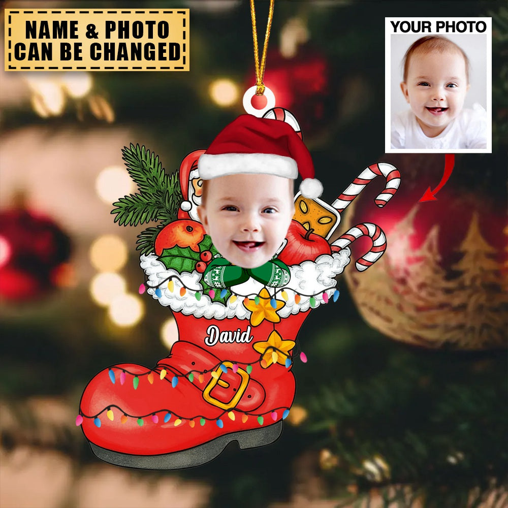 Cute Christmas Kid Santa Shoe Custom Photo Acrylic Ornament