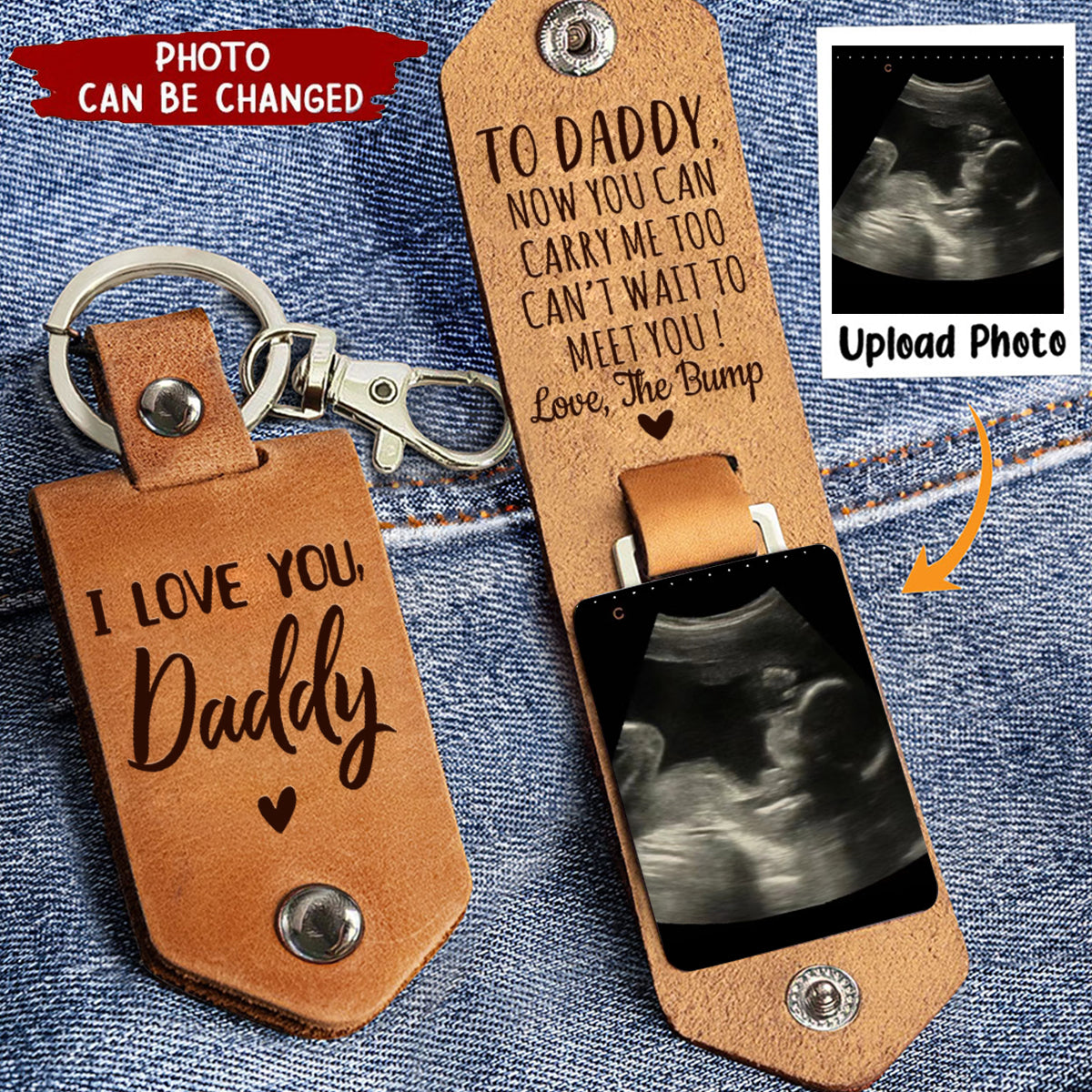 Daddy Can't Wait To Meet You From The Bump - Personalized Leather Photo Keychain