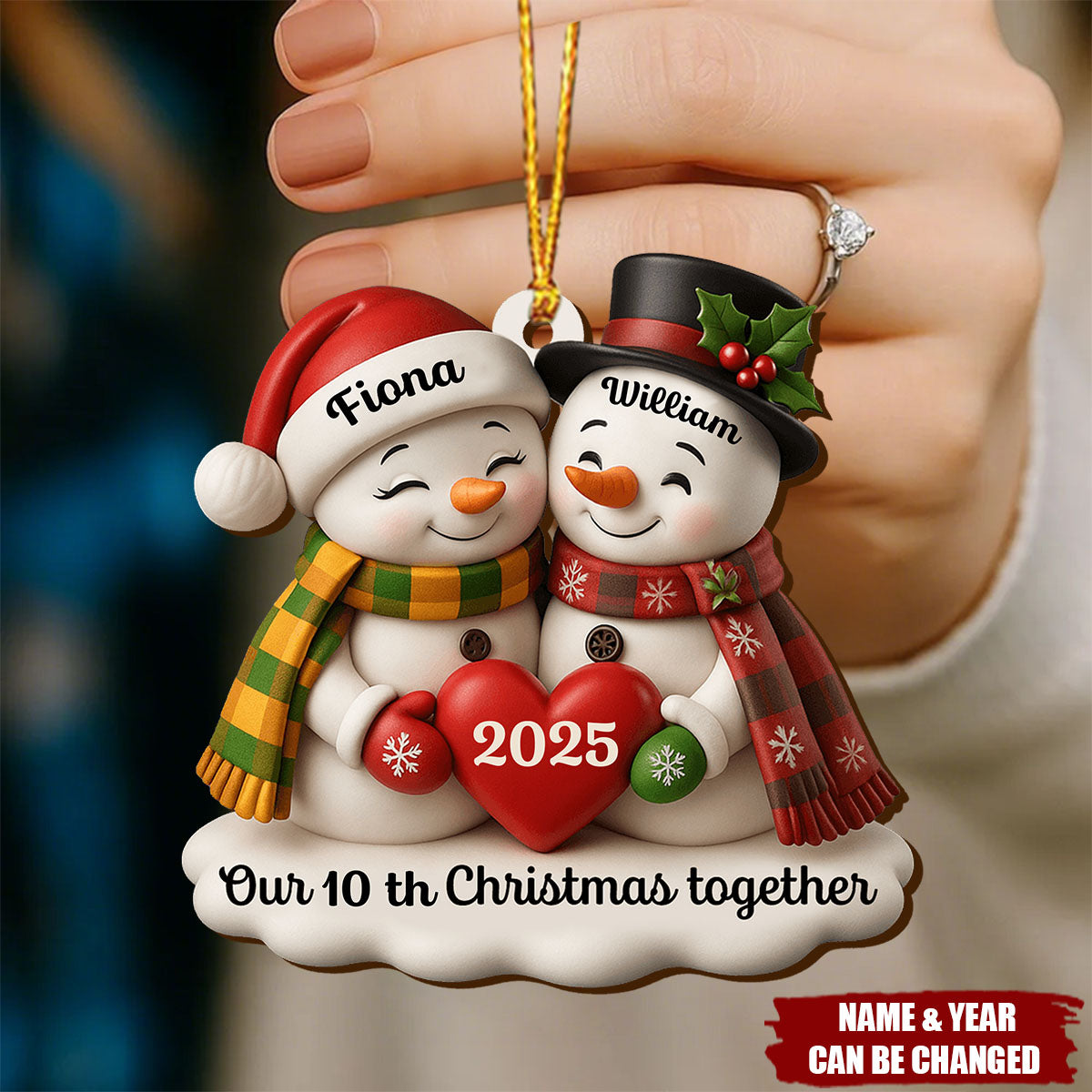 Our Christmas Together, Snowman With Hearts and Holly, Personalized Wood Ornament
