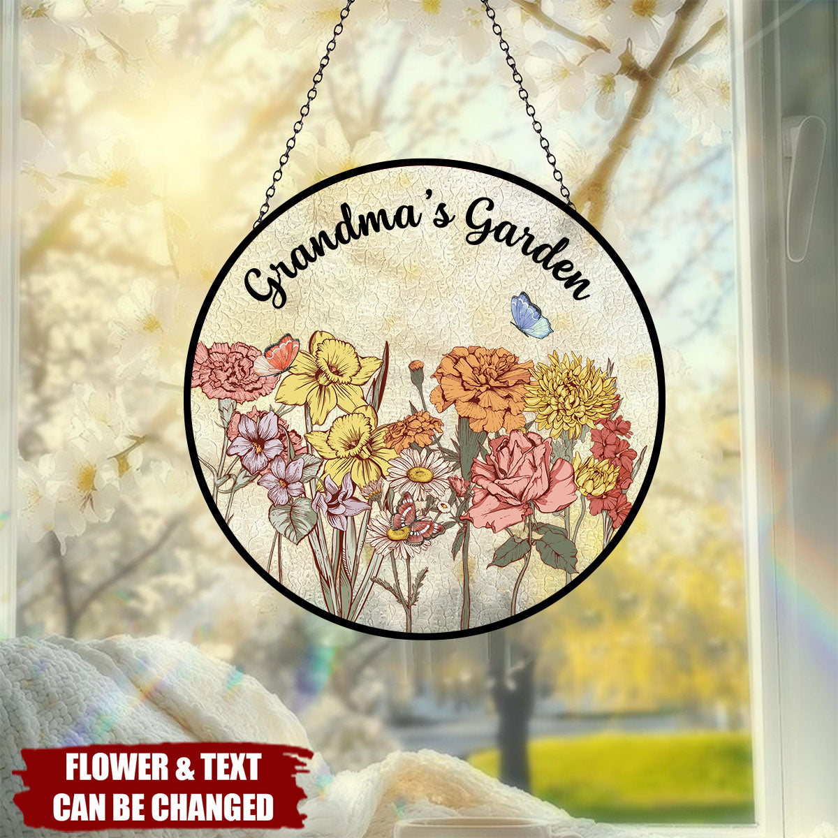 Personalized Grandma Garden Family Birth Flowers Glass Suncatcher