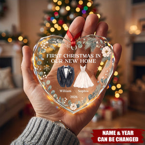 Custom First Christmas Heart Glass Ornament - Personalized Anniversary Christmas Wedding Gifts