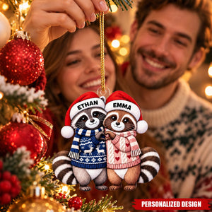 Personalized Couple Raccoon Acrylic Christmas Ornament - Custom Name Holiday Hanging Decor