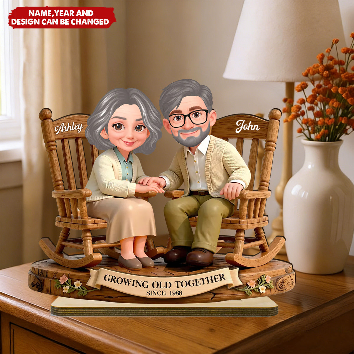 Eternal Love Couple On Rocking Chairs Growing Old Together - Personalized 2-Layered Wooden Plaque