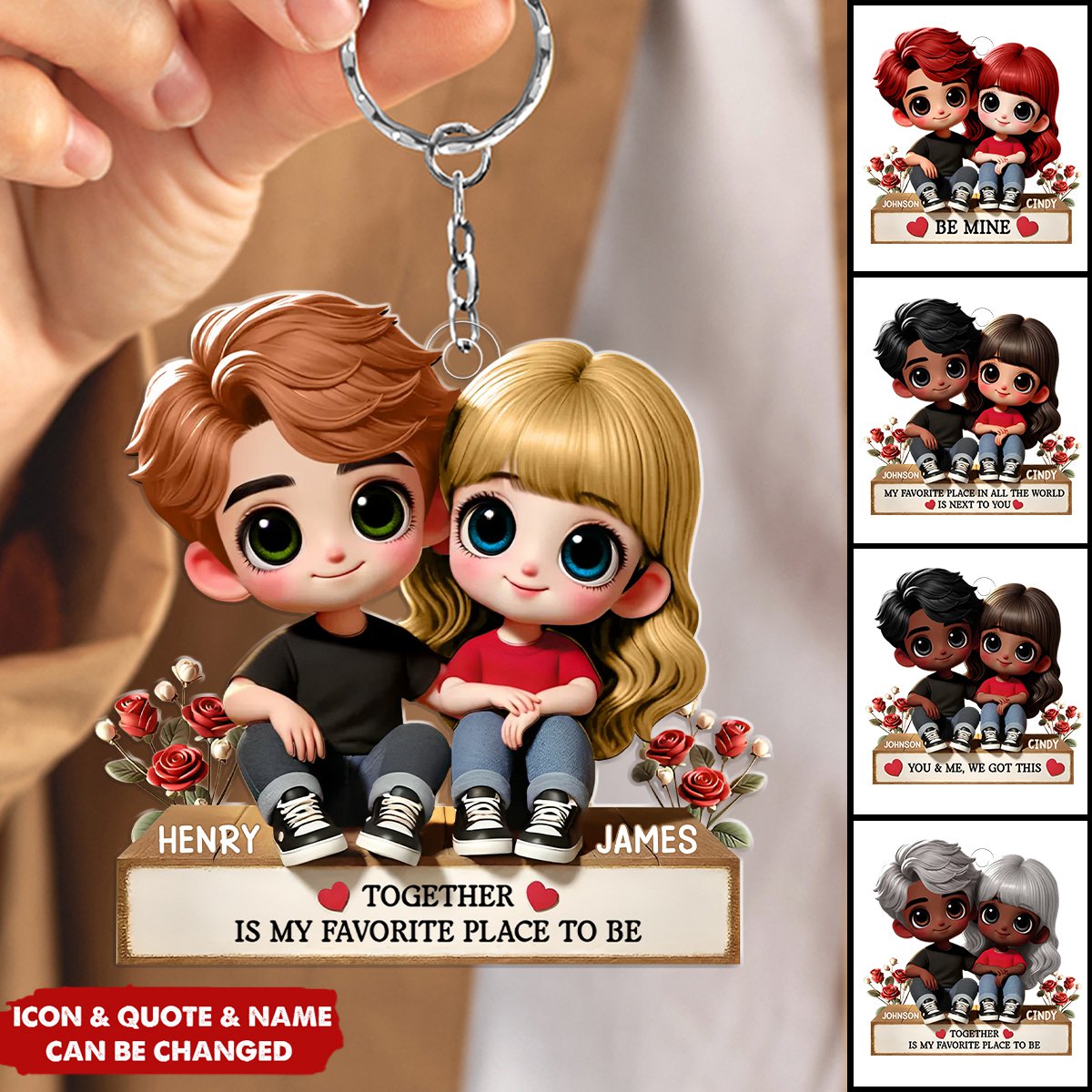 Cartoon Couple Sitting Next To Each Other Personalized Acrylic Keychain - Anniversary Valentine's Day Gift For Husband, Wife