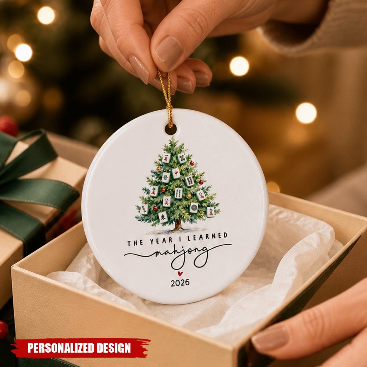 Custom Year Mahjong Ceramic Christmas Ornament - The Year I Learned Mahjong Keepsake