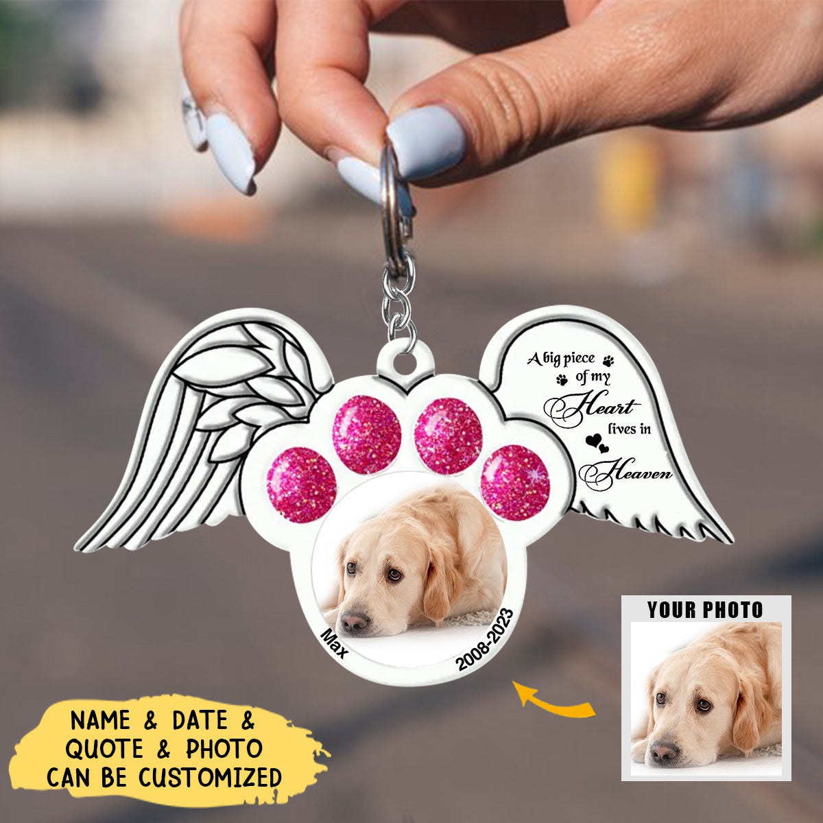 Custom Memorial Dog Cat Wings Photo Aluminum Keychain, Memorial Gift Idea For Pet Lovers