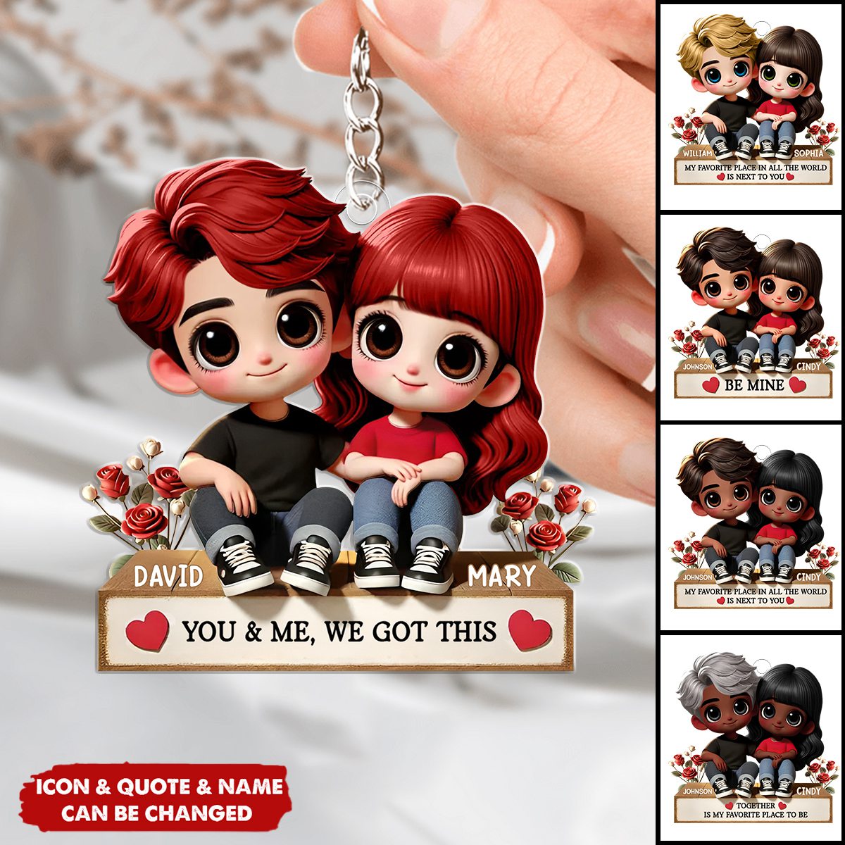 Cartoon Couple Sitting Next To Each Other Personalized Acrylic Keychain - Anniversary Valentine's Day Gift For Husband, Wife