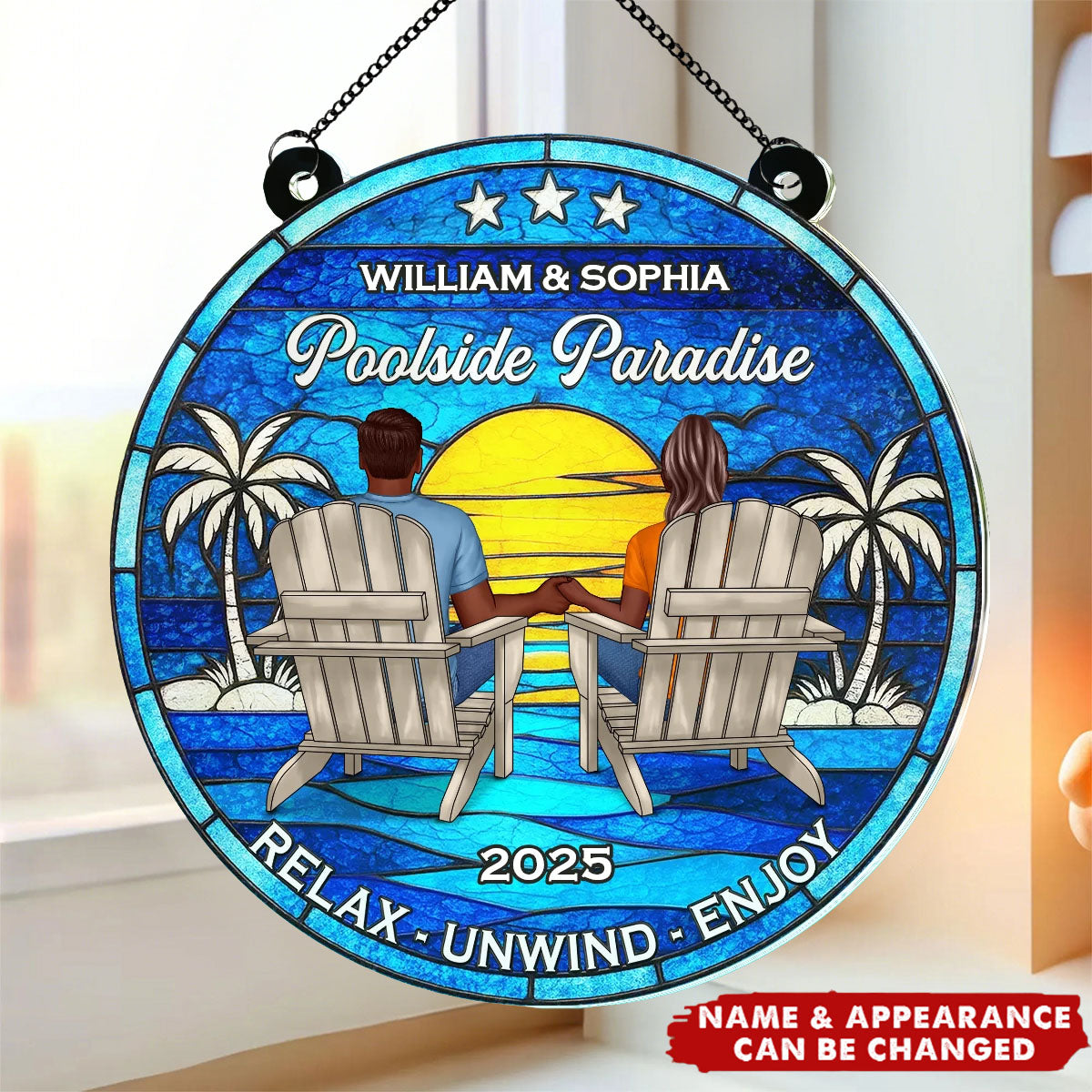 Poolside Paradise Couple Sitting Personalized Window Ornament