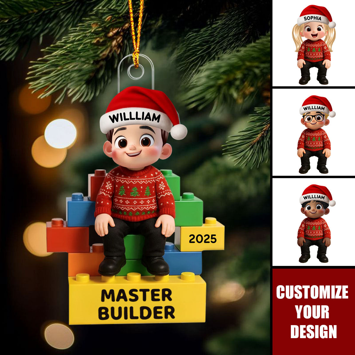3D Effect Little Kid Master Builder Christmas Personalized Acrylic Ornament