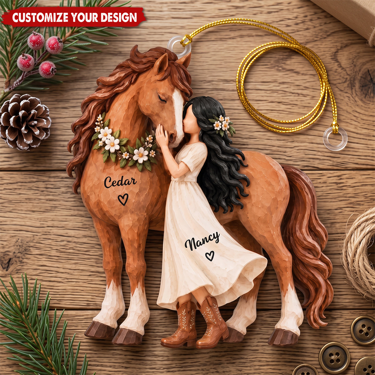Personalized Horse-Loving Girl Ornament, Custom Name Horse Christmas Keepsake