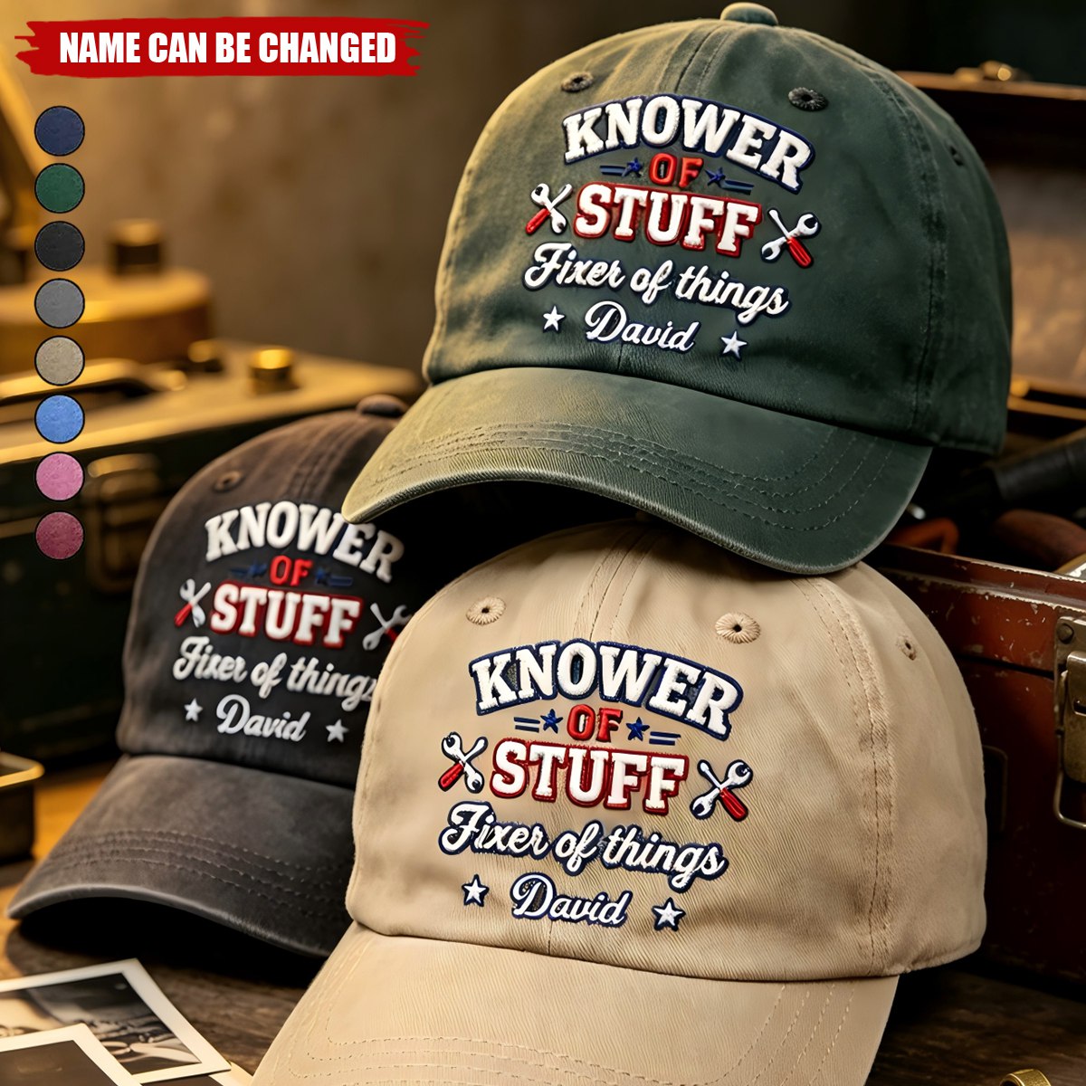 Knower Of Stuff Fixer Of Things Embroidery Effect - Personalized Vintage Washed Denim Cap