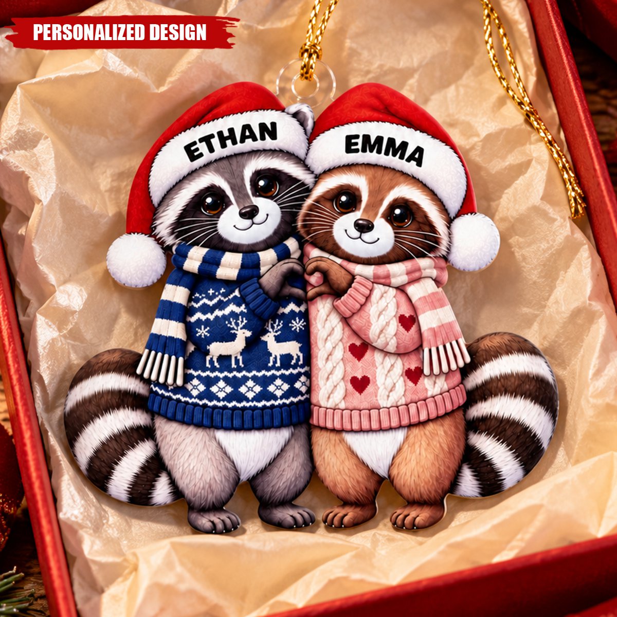Personalized Couple Raccoon Acrylic Christmas Ornament - Custom Name Holiday Hanging Decor