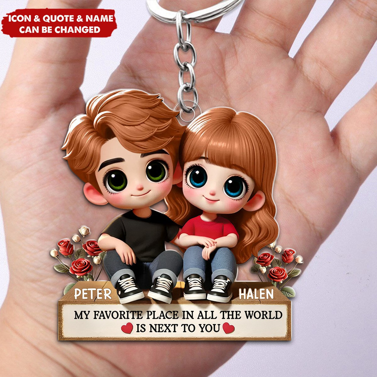 Cartoon Couple Sitting Next To Each Other Personalized Acrylic Keychain - Anniversary Valentine's Day Gift For Husband, Wife