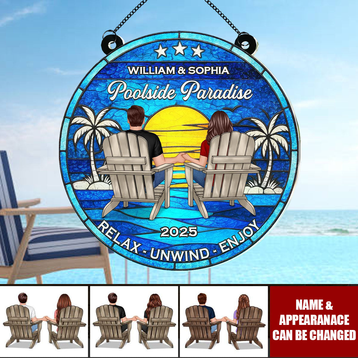 Poolside Paradise Couple Sitting Personalized Window Ornament