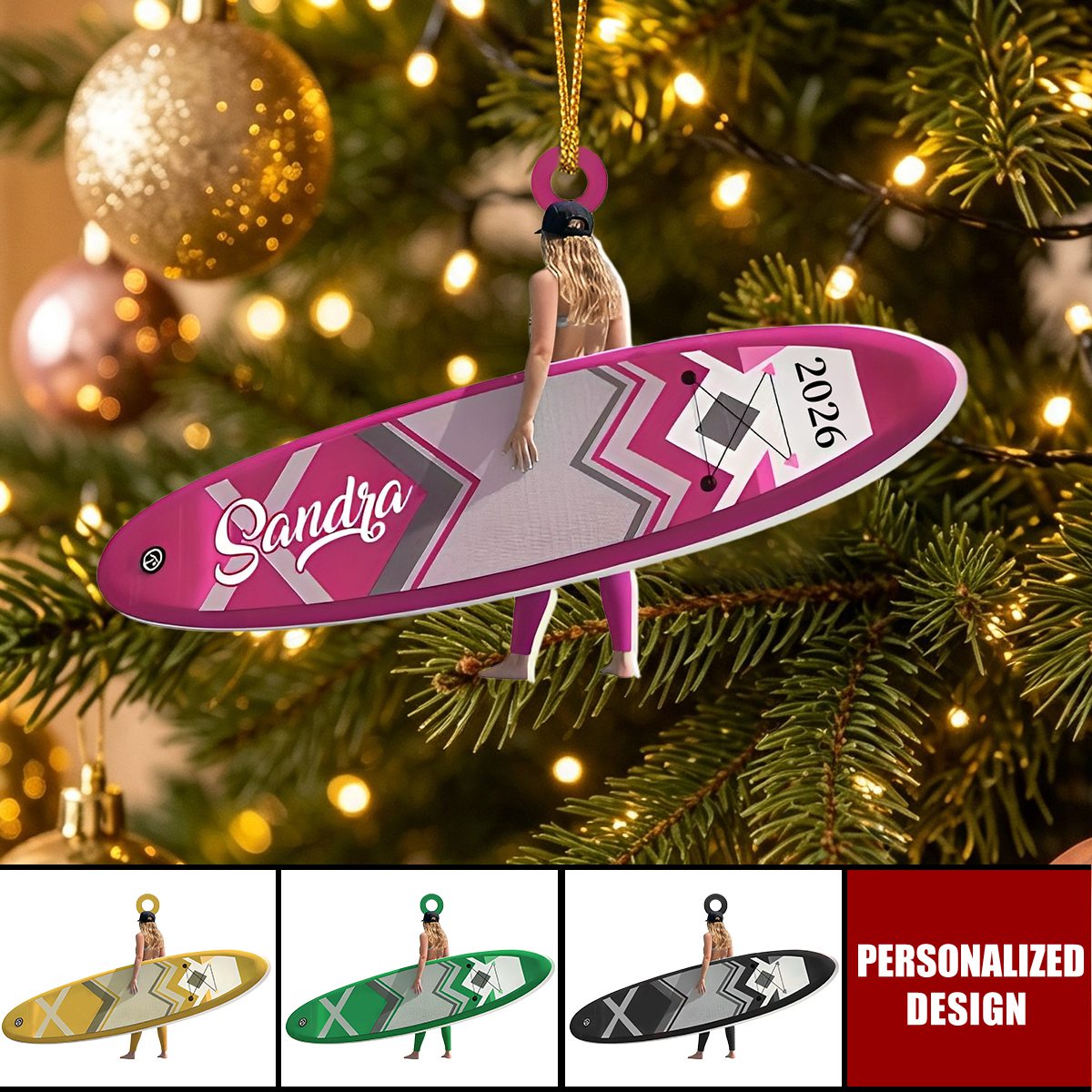 Personalized Paddle Board Girl Acrylic Christmas Ornament - Surfing Keepsake Ornament
