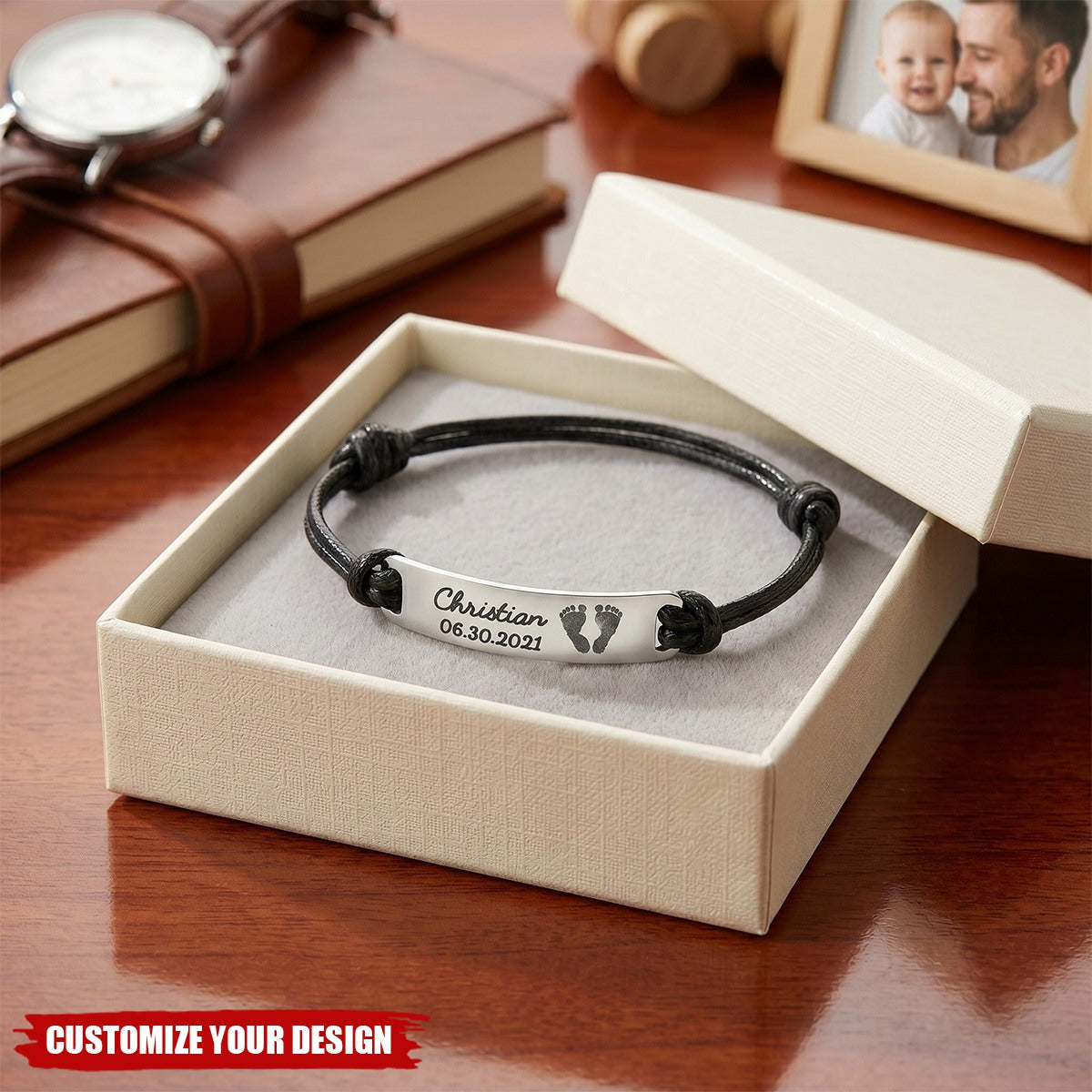 Baby Footprints Leather Bracelet - Personalized Bracelet for Dad, Husband Fathers Day Gift