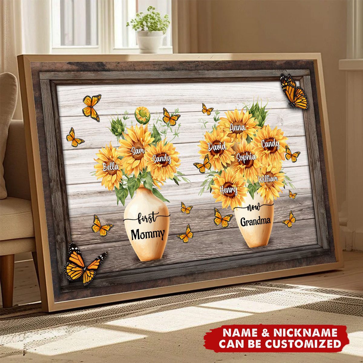 First Mom Now Grandma Sunflower - Personalized Customized Canvas - Gifts For Mom, Wife, Her