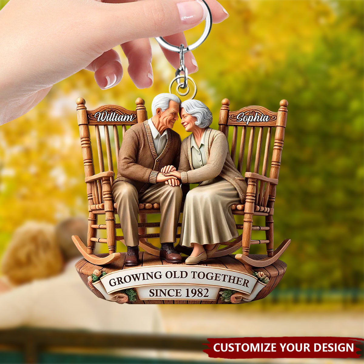 Old Couple Sitting On Rocking Chairs Together - Personalized Acrylic Keychain