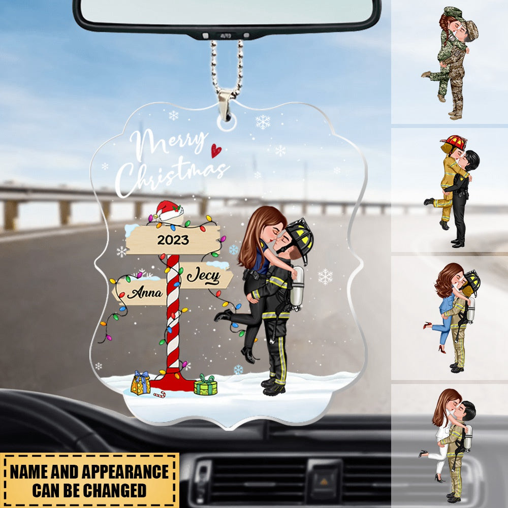 Winter Couple Hugging Kissing In The Snow Personalized Acrylic Car Ornament