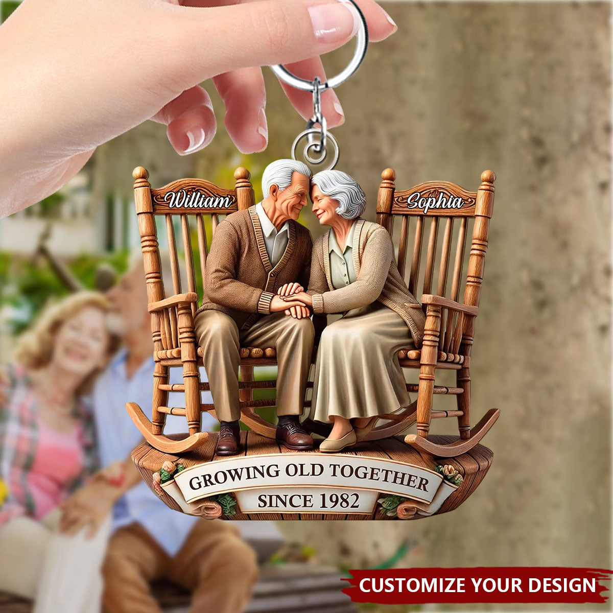 Old Couple Sitting On Rocking Chairs Together - Personalized Acrylic Keychain