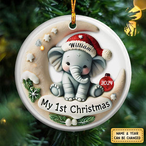 Personalized 3D Effect Baby Elephant My First Christmas Circle Ceramic Ornament