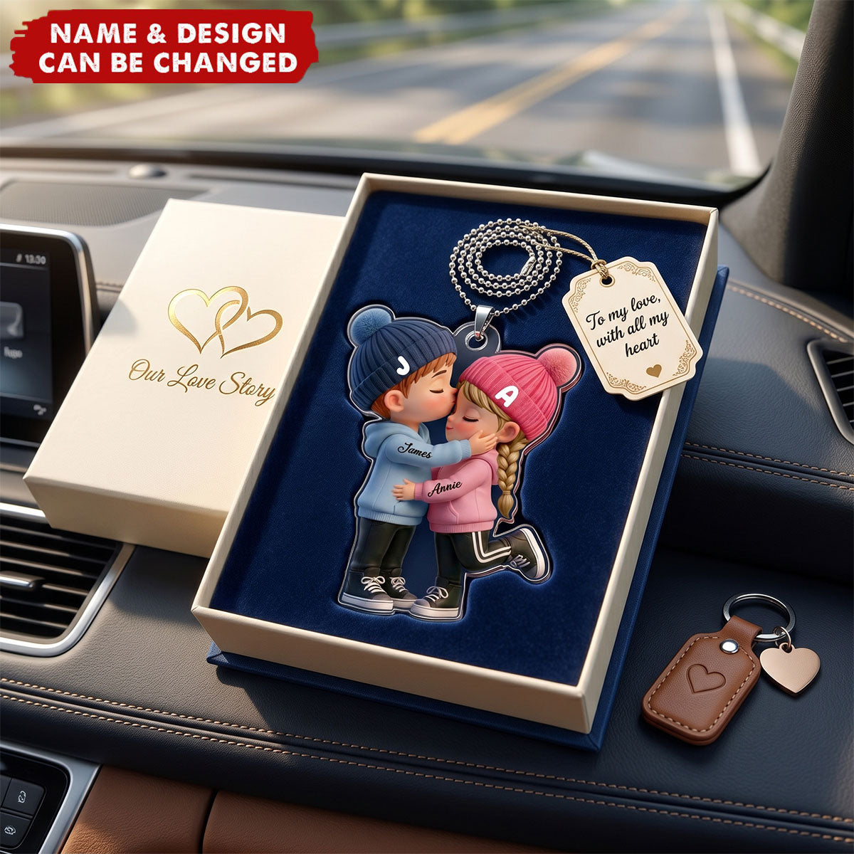 Kissing Couple Car Charm in Soft Colors - Personalized Acrylic Car Ornament