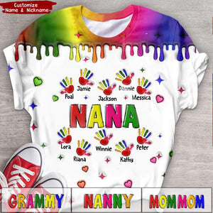 Colorful Grandma Mom Handprint Grandkids 3D Inflated Effect Personalized T-shirt