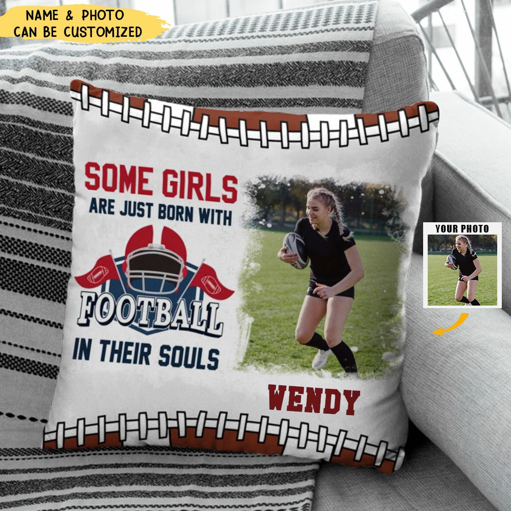 Some Boys Are Just Born With Football In Their Souls Pillow, Football Gifts For Grandson, Personalized Football Photo Pillow For Boys