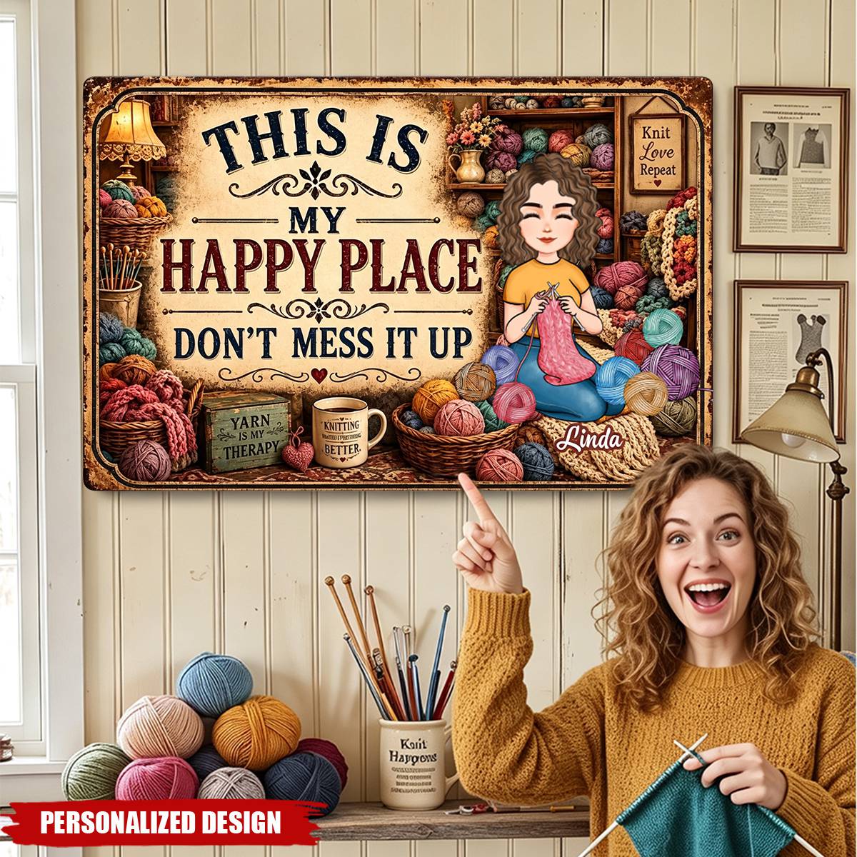 This Is My Happy Place - Funny Metal Sign For Crochet, Knitting Lovers - Personalized Metal Sign