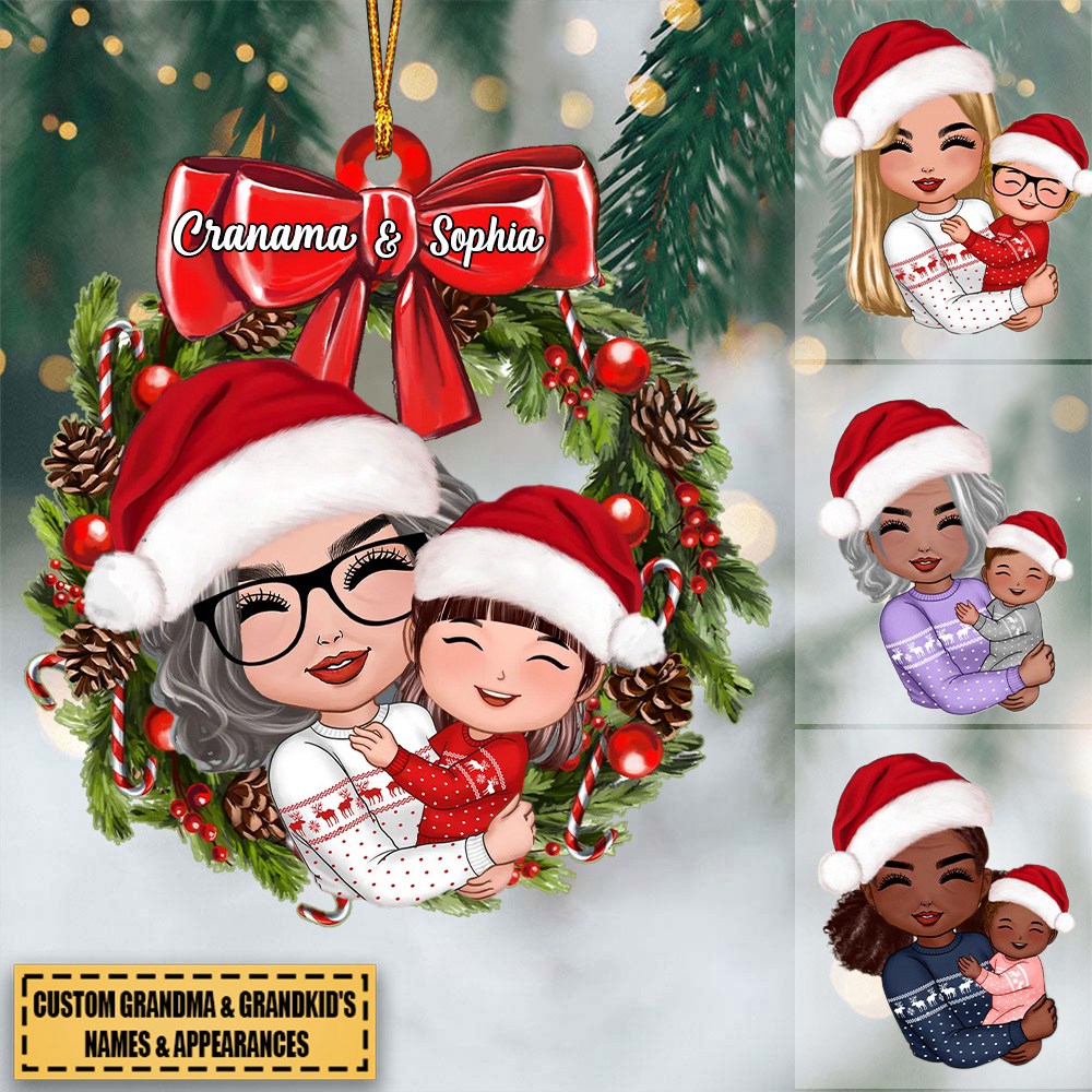 Doll Grandma Hugging Kid In Wreath Christmas Gift For Granddaughter Grandson Personalized Acrylic Ornament