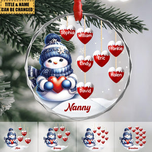 Personalized Snowman Grandma's Hearts Circle Glass Ornament