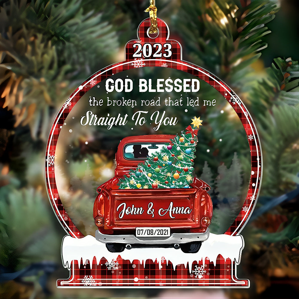 Sparkling Christmas Couple Truck, God Blessed The Broken Road Snowball Ornament