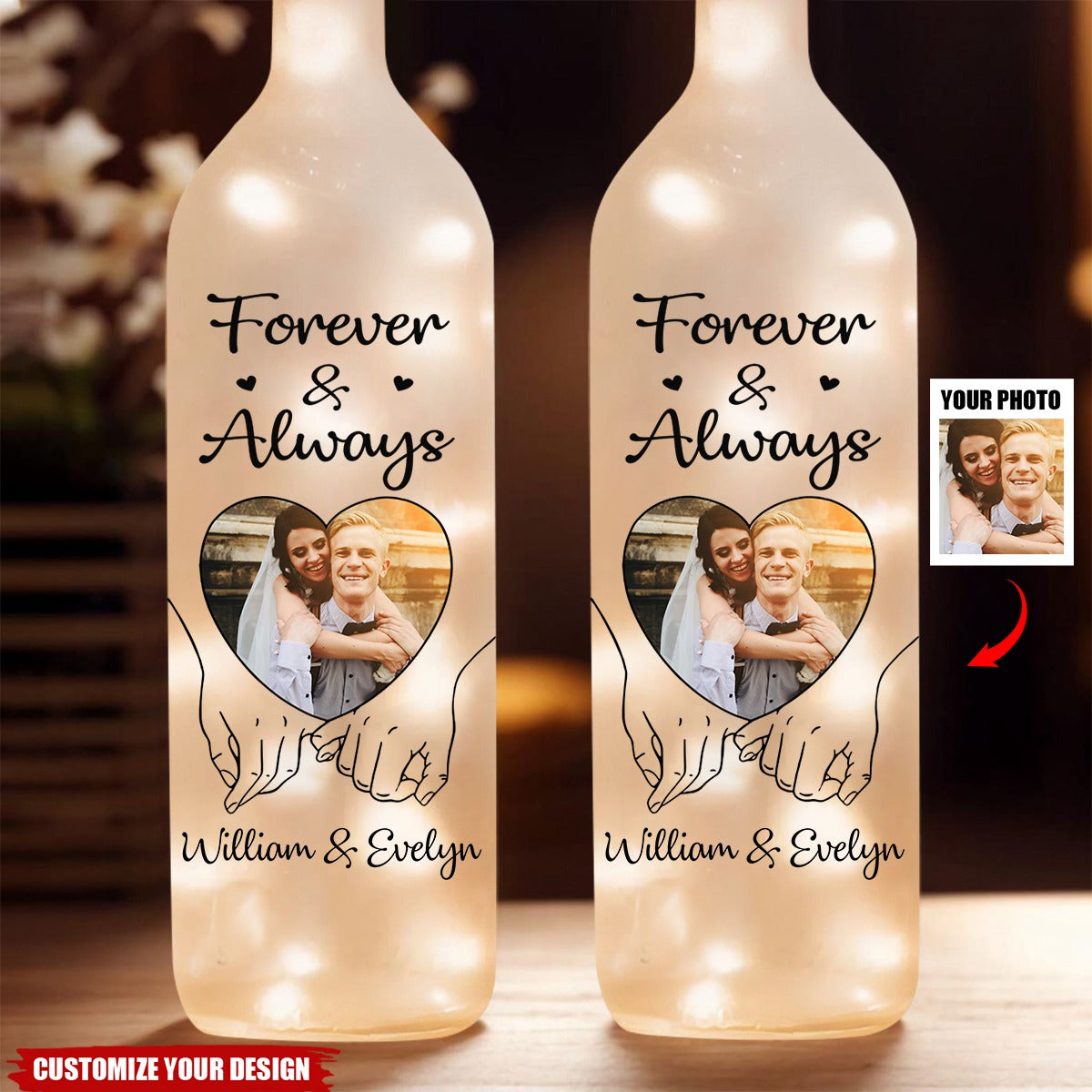 Custom Photo Hand In Hand, We Conquer All - Couple Personalized Bottle Lamp, Gift For Husband Wife, Anniversary