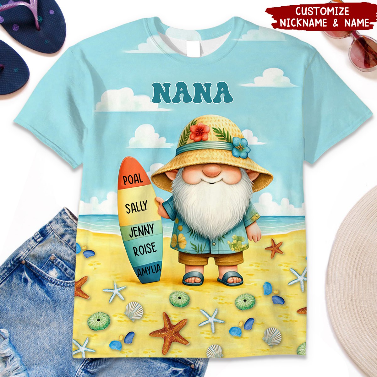 Surfboard Summer Dwarf With Grandkids Name Personalized 3D T-shirt