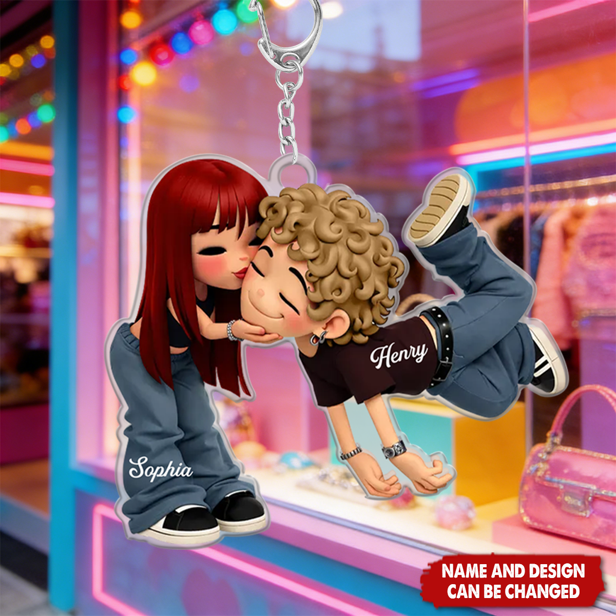 Romantic Cartoon Couple - Personalized Keychain - Gift for Couple