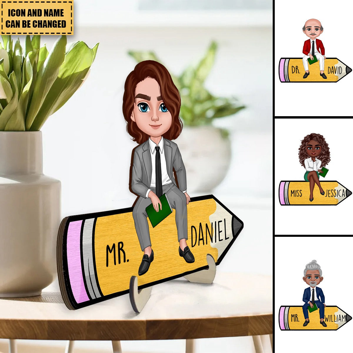 Doll Teacher Sitting On Pencil Personalized 2-Layer Wooden Plaque