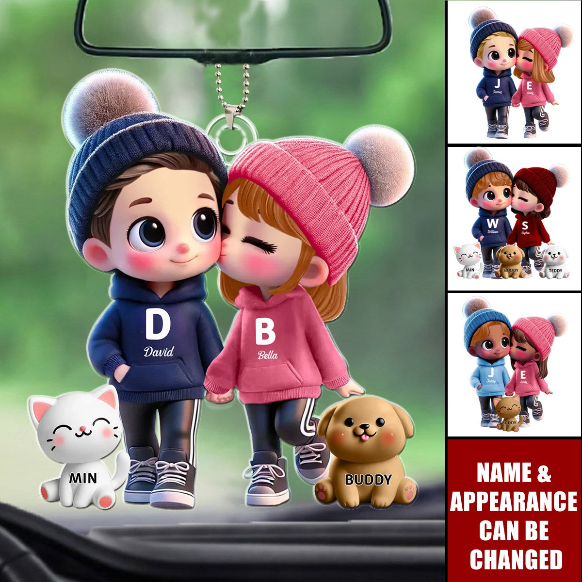 3D Cute Cartoon Couple You Me And The Dog Cat Personalized Acrylic Ornament, Valentine's Day Gift for Him, Gift for Her