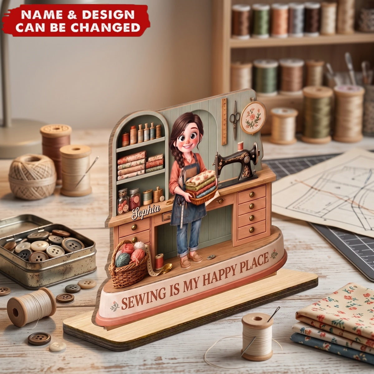 Sewing Is My Happy Place - Personalized 2-Layer Wood Plaque