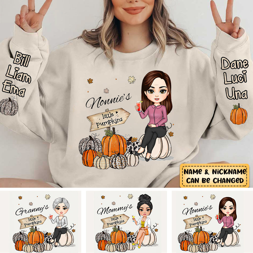 Grandma Sitting on Animal Prints Patterned Pumpkins Fall Season Personalized 2D Sweatshirt Sleeve Custom