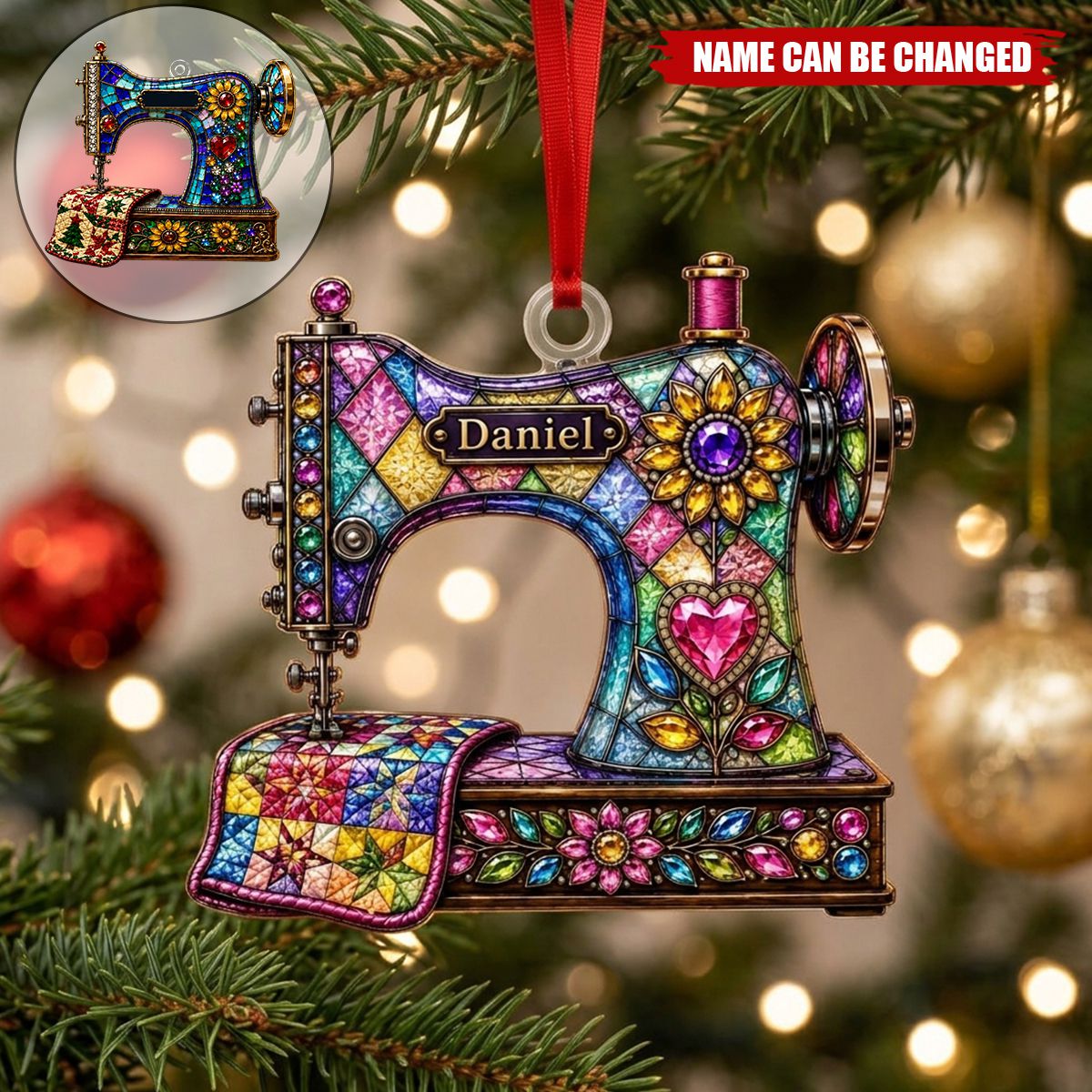 Personalized Stained‑Glass Sewing Machine Christmas Ornament, 2 Style Options Custom Name Keepsake Ornament, Gift For Sewers, Quilters & Grandma