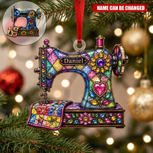 Personalized Stained‑Glass Sewing Machine Christmas Ornament, 2 Style Options Custom Name Keepsake Ornament, Gift For Sewers, Quilters & Grandma