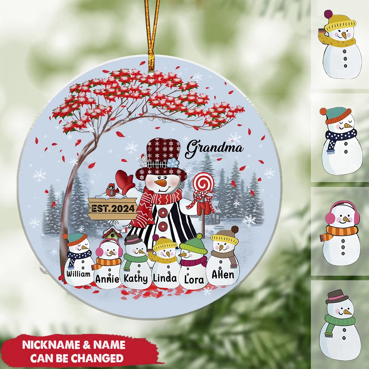 Grandma Snowman With Little Snowman Kids Under Tree Personalized Acrylic Ornament