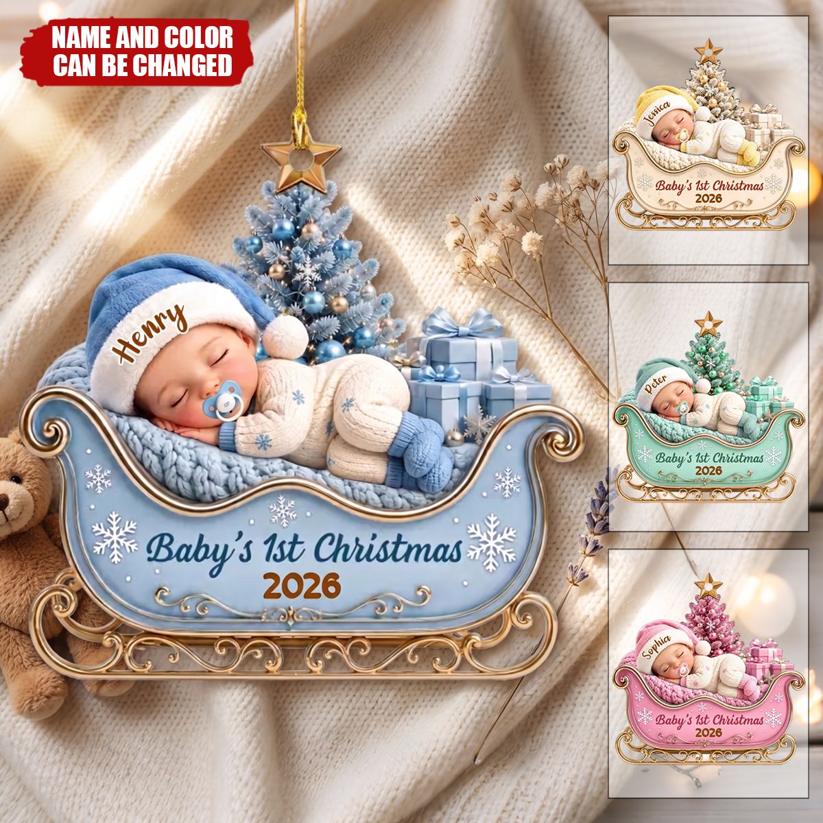 Custom First Christmas Acrylic Ornament - Personalized Christmas Baby Shower, Gender Reveal Gifts