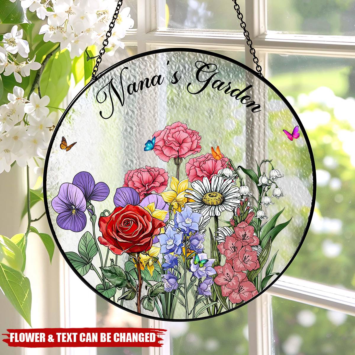 Grandma's Garden - Personalized Family Birth Flowers Glass Window Hanging Suncatcher
