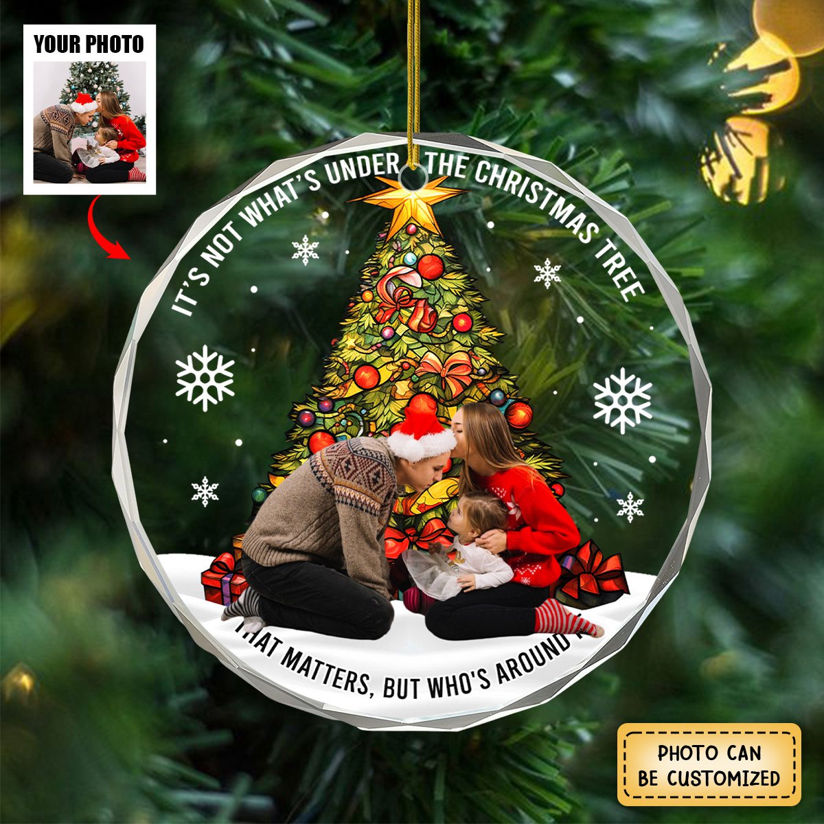 Family Under The Christmas Tree Custom Photo Personalized Crystal Ornament
