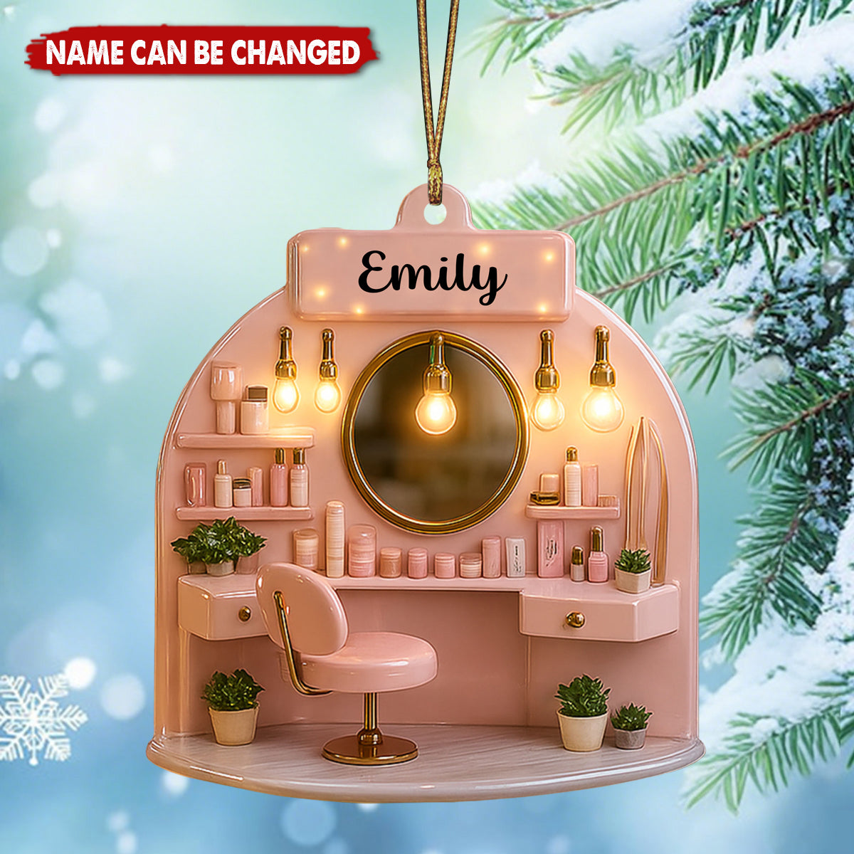 Beauty Salon Ornament With Stylish Vanity- Personalized Wood Ornament, Gift for Beauty Enthusiasts
