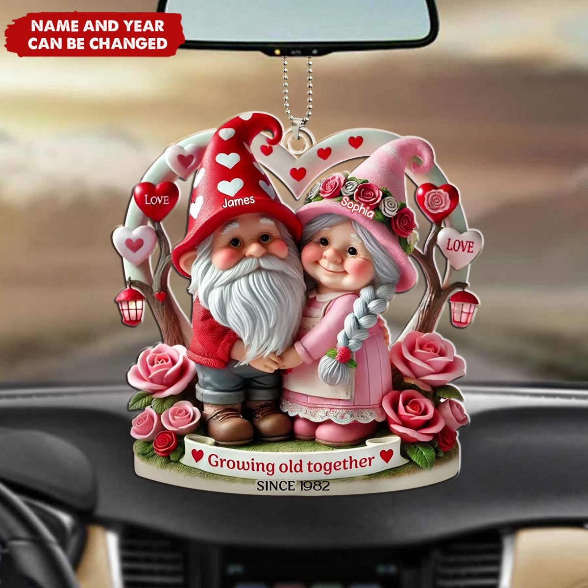 Dwarf 3D Effect Old Couple Valentine's Day Gift, Personalized Acrylic Car Ornament